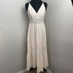 Simplee Dress Women's M Pink Lace Embroidered V Neck Pearl Buttons Baby Doll Y2K